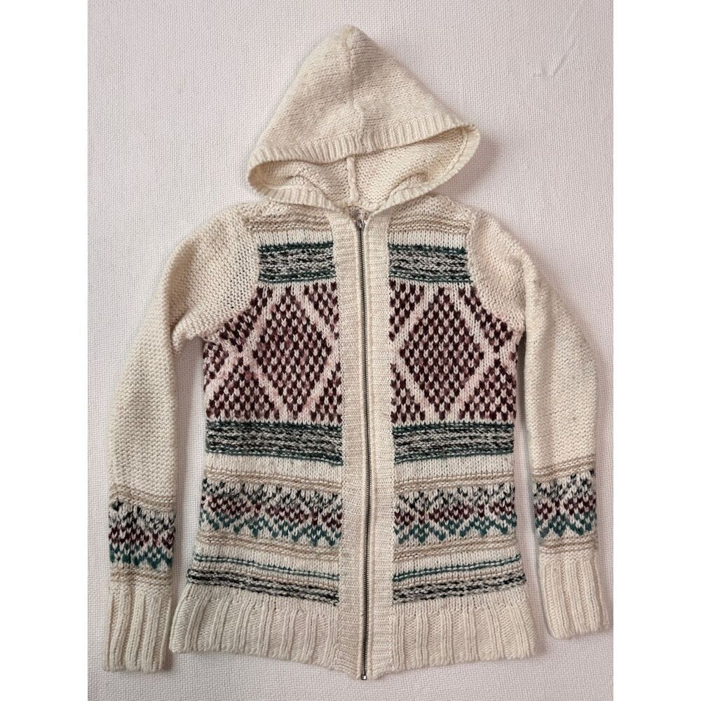 Hollister Fair Isle Hooded Zip Cardigan Sweater Cream Wool Blend Small Christmas